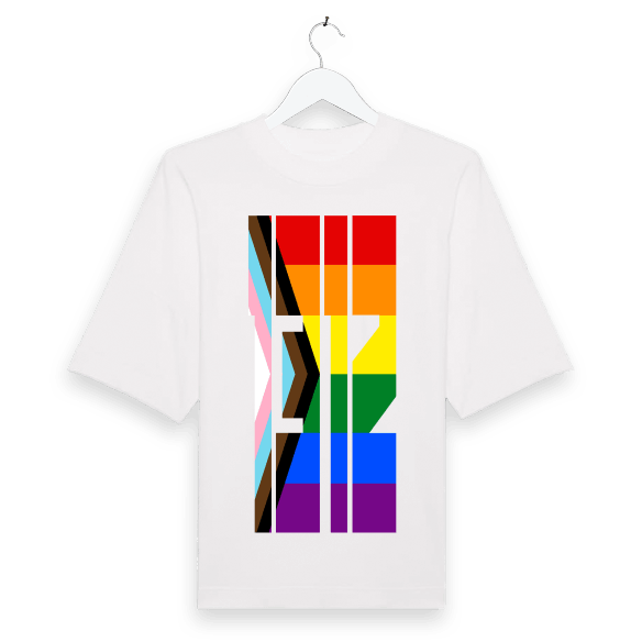 White oversized T-shirt featuring the number '1312' in a bold, block-style design filled with the colors of the Progress Pride Flag.