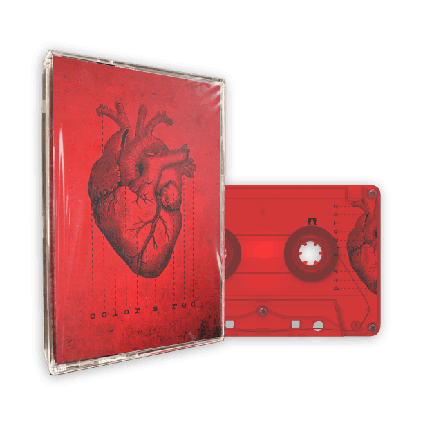 Cassette tape of the 5-track EP 'Color's Red' featuring a red case and cover artwork with a detailed anatomical heart illustration on a textured red background. The tape itself is also red, with part of the heart design printed on it.