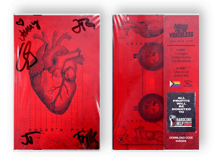 Signed edition of the 'Color's Red' cassette tape by Noise For The Voiceless. The cover features autographs from all band members and drummer Chris Bass of Heaven Shall Burn. The EP includes six tracks, with all profits donated to the Hardcore Help Foundation. A download code is included.