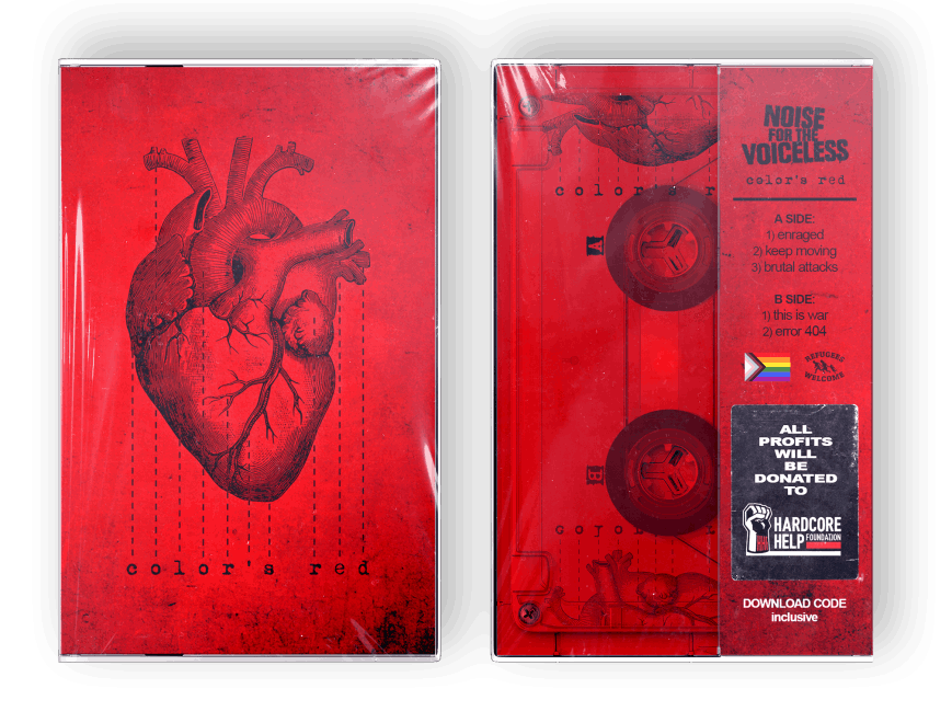 Limited edition cassette tape of the EP 'Color's Red' by Noise For The Voiceless. The cover features a detailed anatomical heart illustration on a textured red background. The back of the case displays the tracklist, a 'Refugees Welcome' symbol, and a statement that all profits will be donated to the Hardcore Help Foundation. A download code is included.