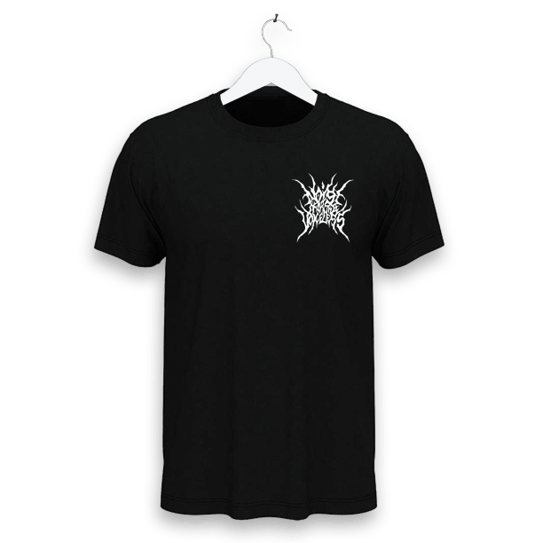 Black T-shirt featuring a small white 'Noise For The Voiceless' logo in an intricate, thorn-like black metal band-style font on the left chest.