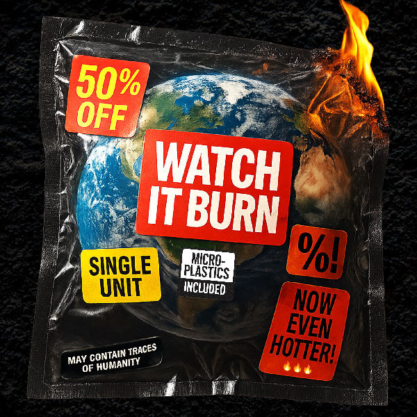 A burning snack-style package showing planet Earth inside. Labels read “WATCH IT BURN,” “50% OFF,” “NOW EVEN HOTTER!,” “SINGLE UNIT,” “MICROPLASTICS INCLUDED,” and “MAY CONTAIN TRACES OF HUMANITY.” A satirical artwork criticizing consumerism and climate destruction.